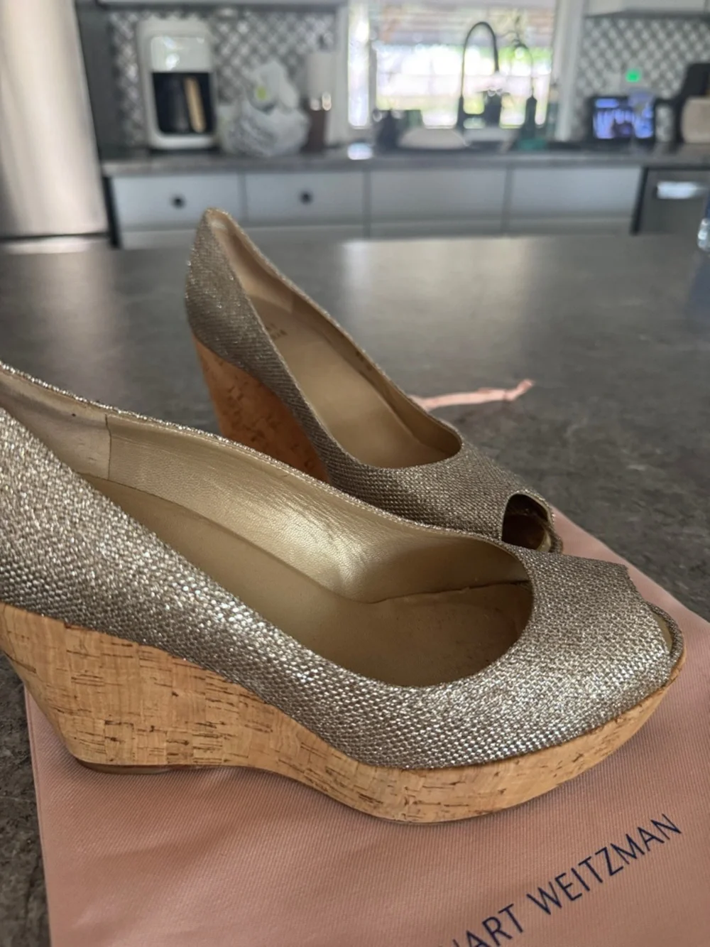 Stuart Weitzman Metallic Gold Peep-Toe Cork Wedge Heels - Picture 1 of 3